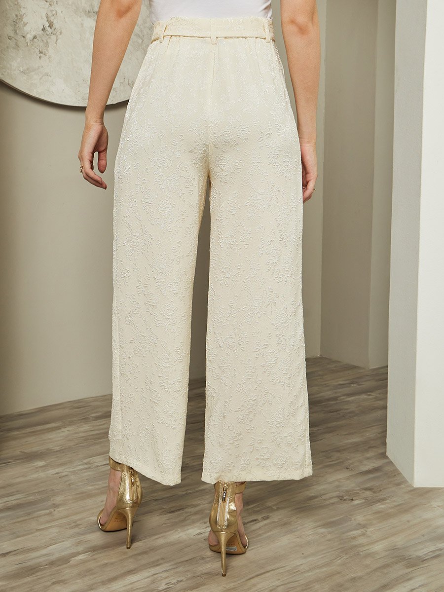 Women Wide Leg Jacquard Pattern Belted Pants