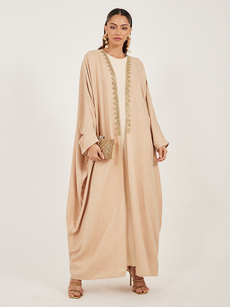 Textured Batwing Sleeve Abaya with Lace Detail