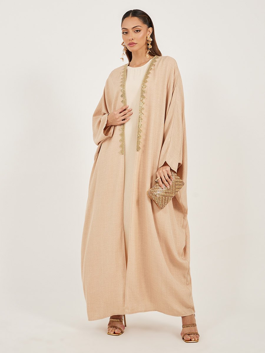 Textured Batwing Sleeve Abaya with Lace Detail