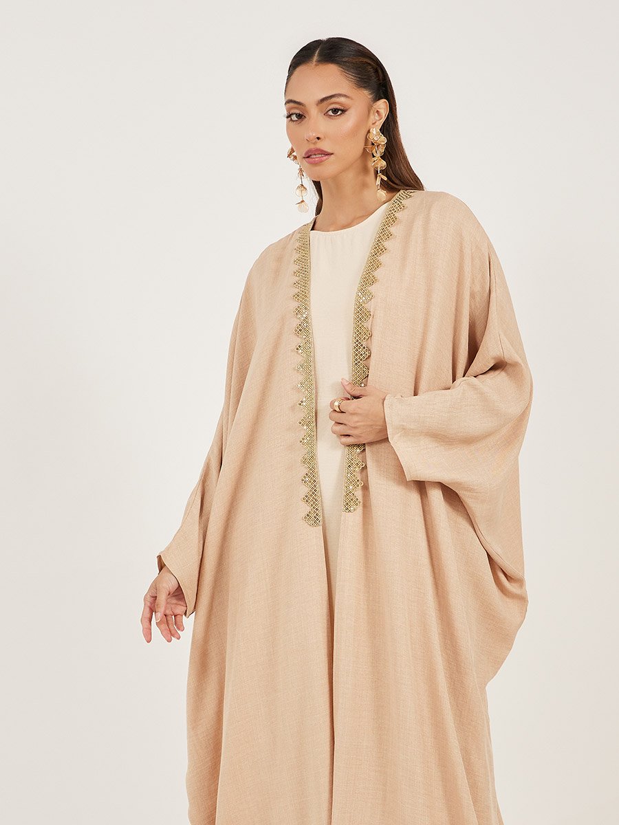 Textured Batwing Sleeve Abaya with Lace Detail