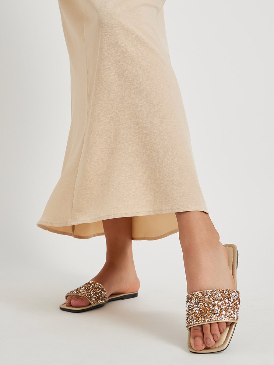 Embellished Strap Slip on Flat Sandals