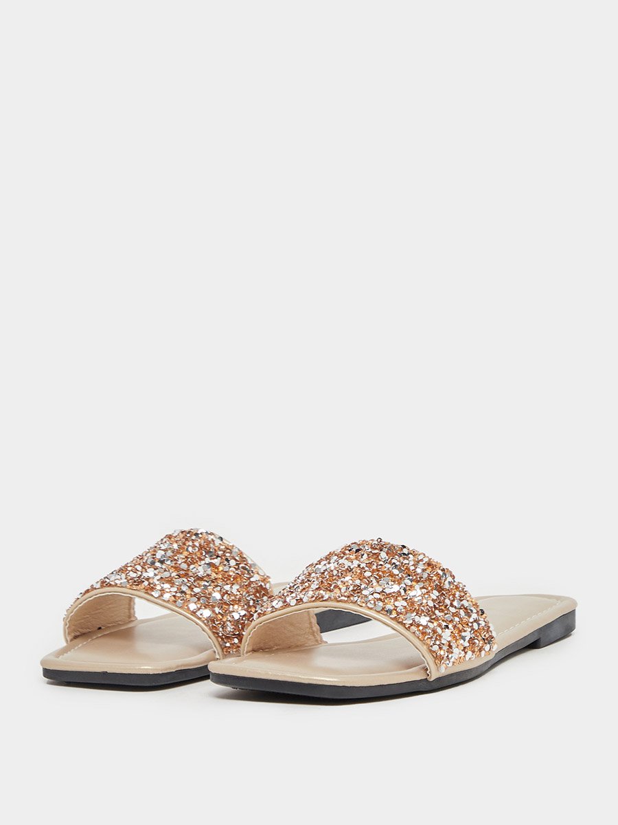 Embellished Strap Slip on Flat Sandals
