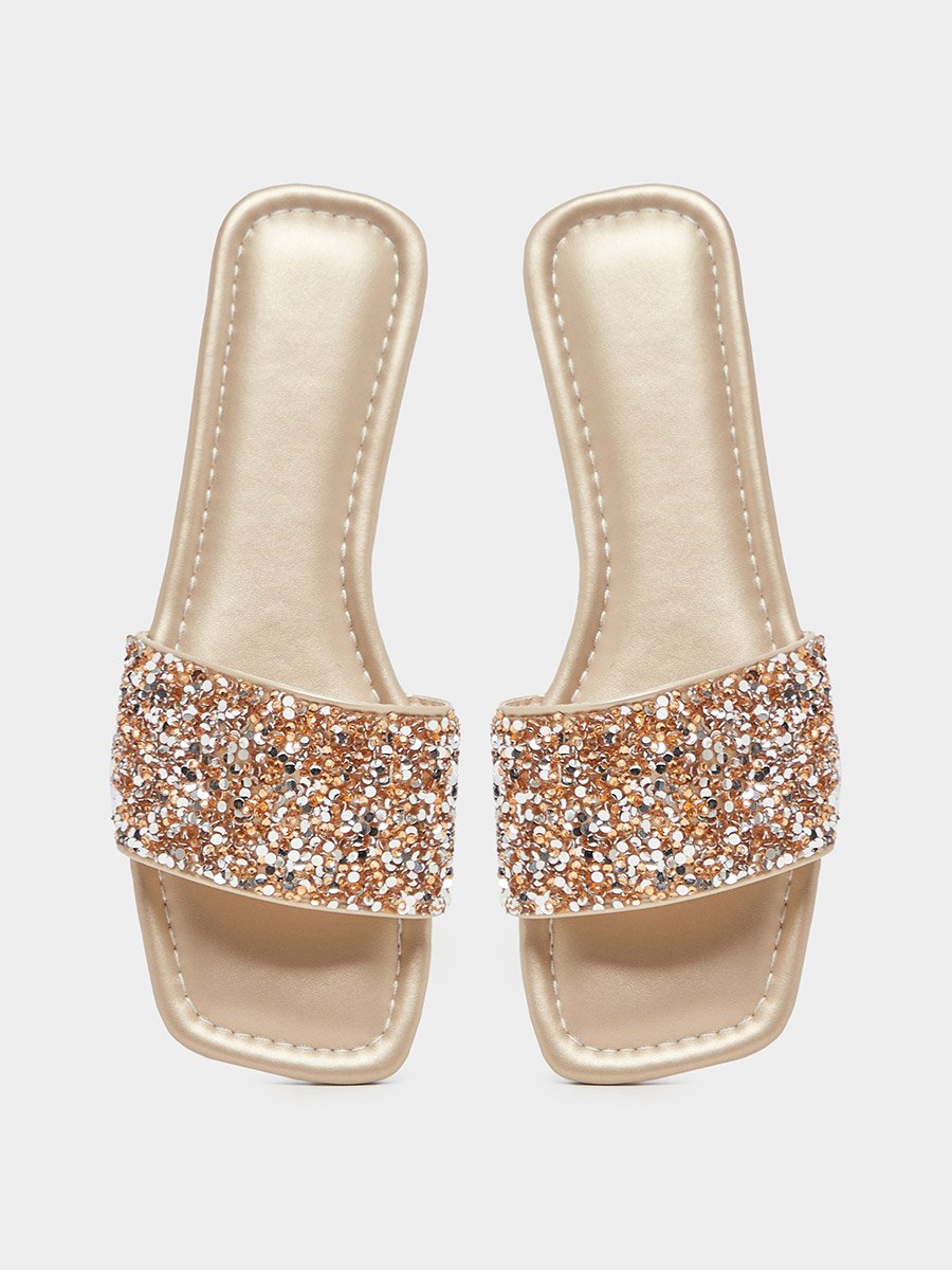 Embellished Strap Slip on Flat Sandals
