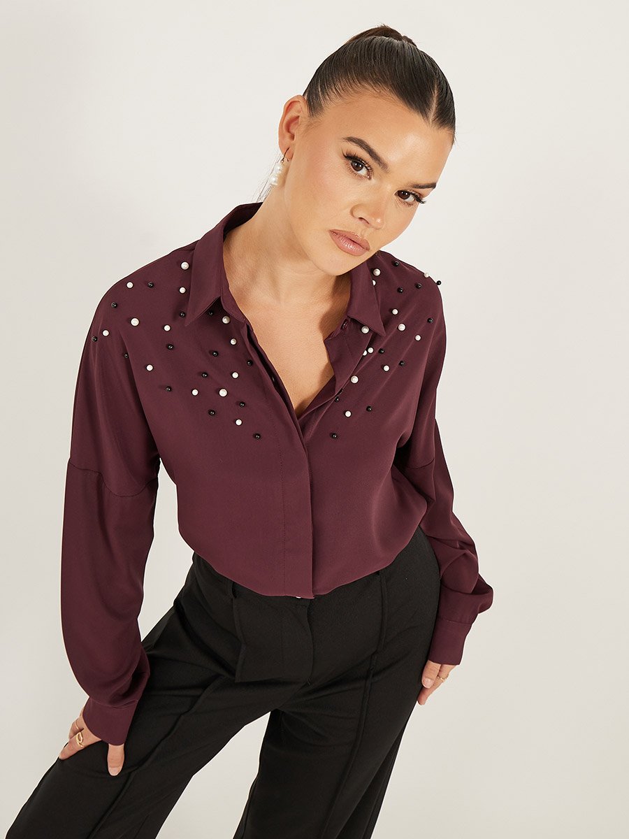 Faux Pearl Embellished Long Sleeve Regular Fit Shirt