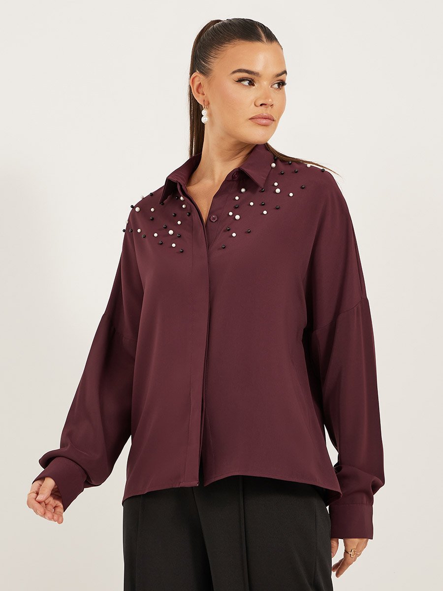 Faux Pearl Embellished Long Sleeve Regular Fit Shirt