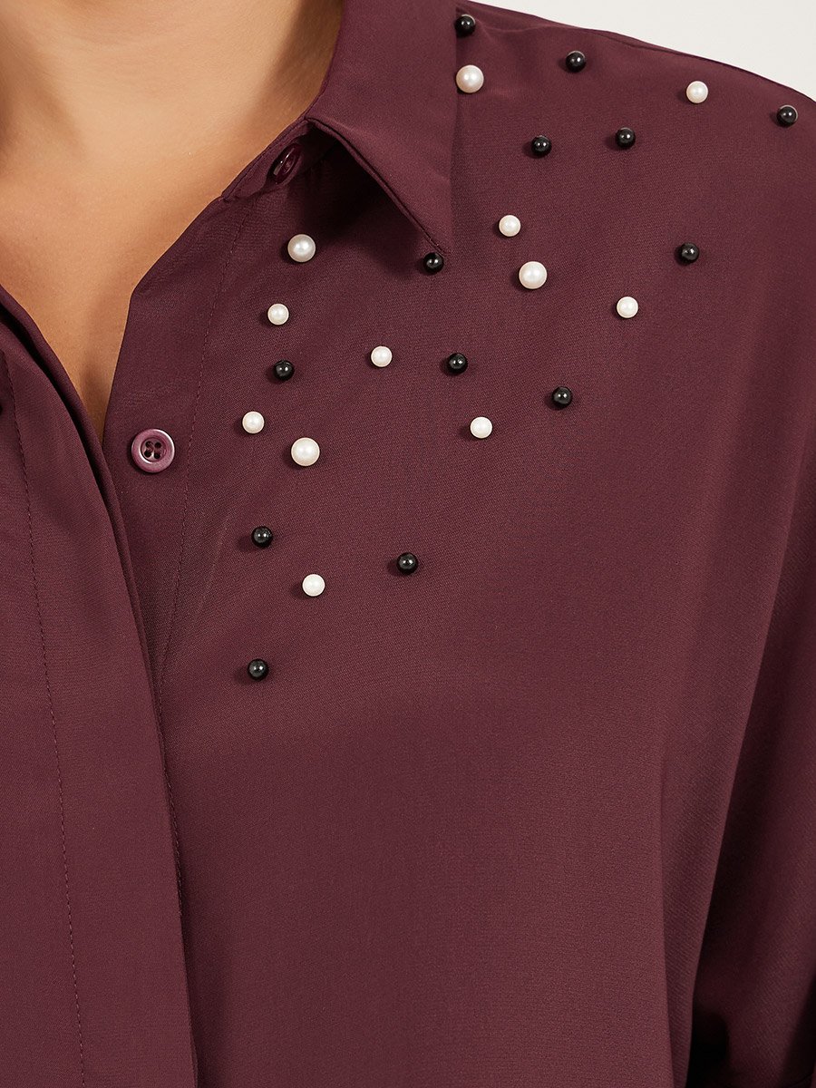 Faux Pearl Embellished Long Sleeve Regular Fit Shirt