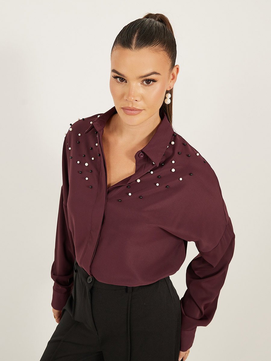 Faux Pearl Embellished Long Sleeve Regular Fit Shirt
