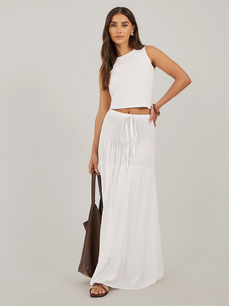 Smocked Tiered A-Line Maxi Skirt