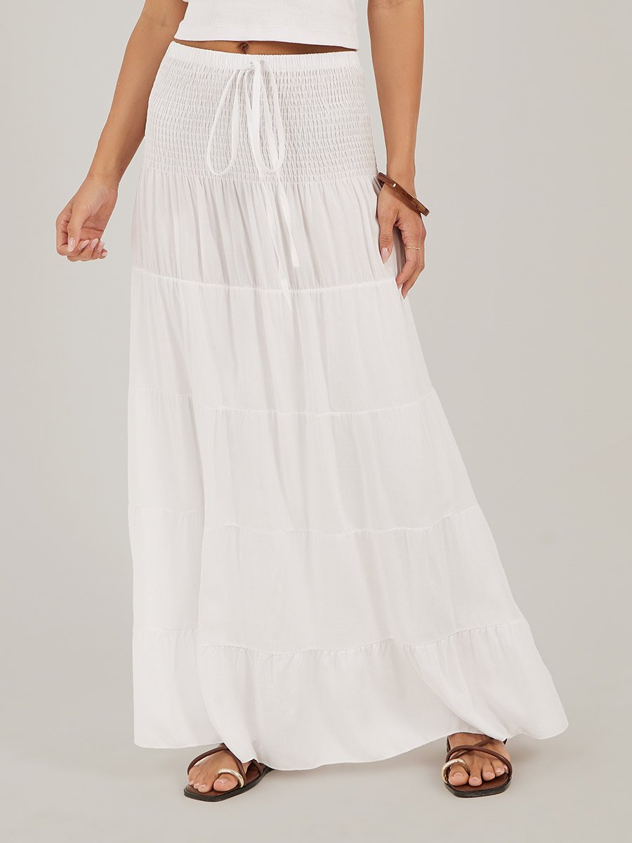 Smocked Tiered A-Line Maxi Skirt