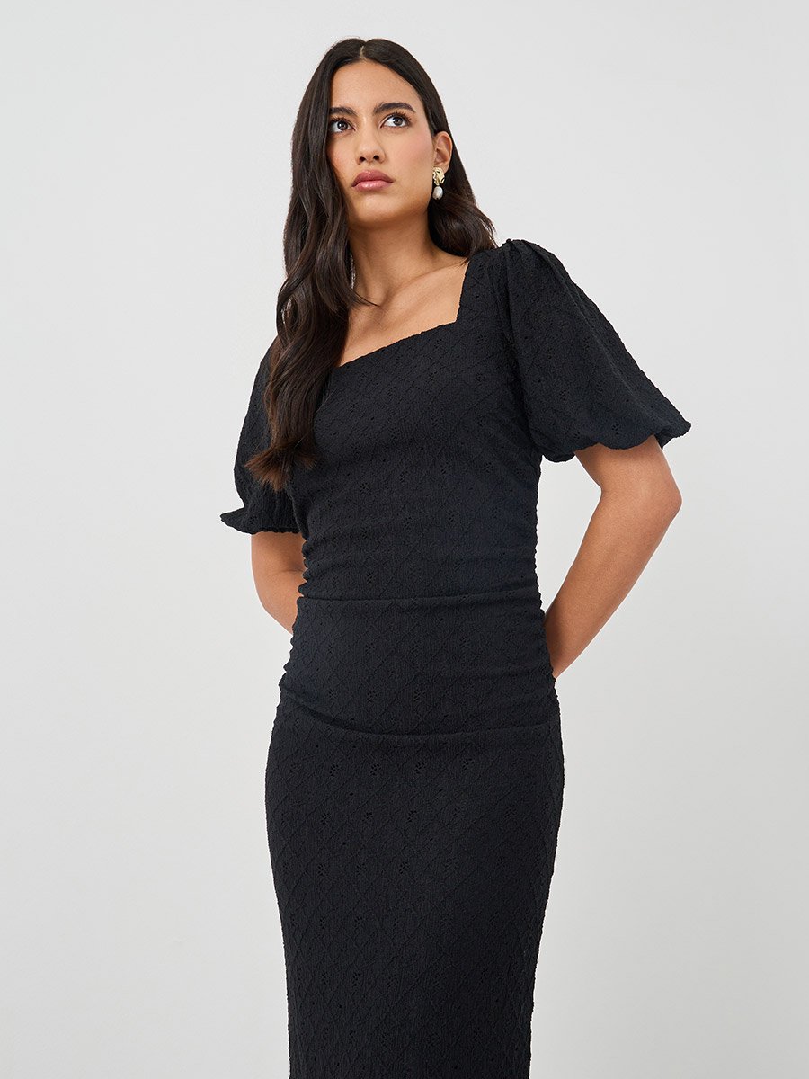 Self Design Ruffled Asymmetric Hem Sheath Midi Dress