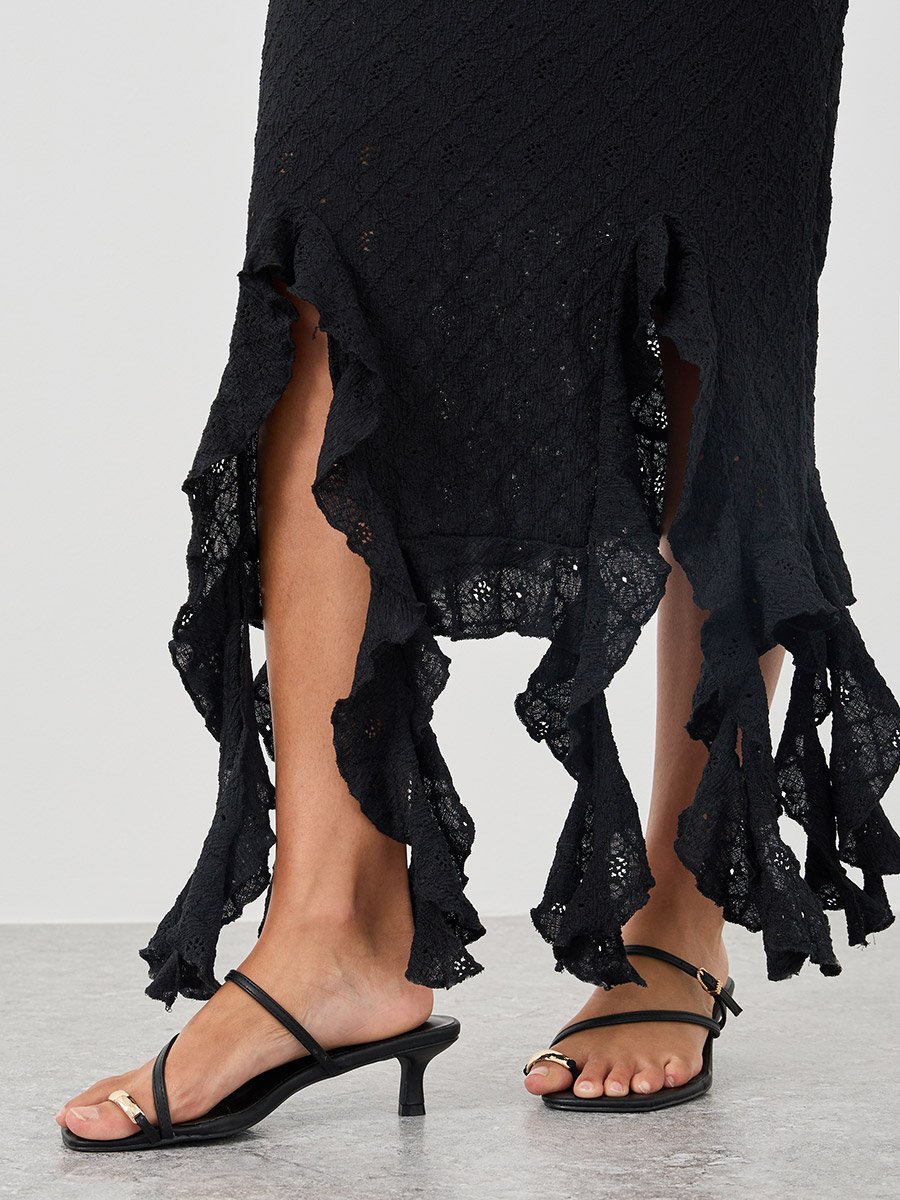 Self Design Ruffled Asymmetric Hem Sheath Midi Dress