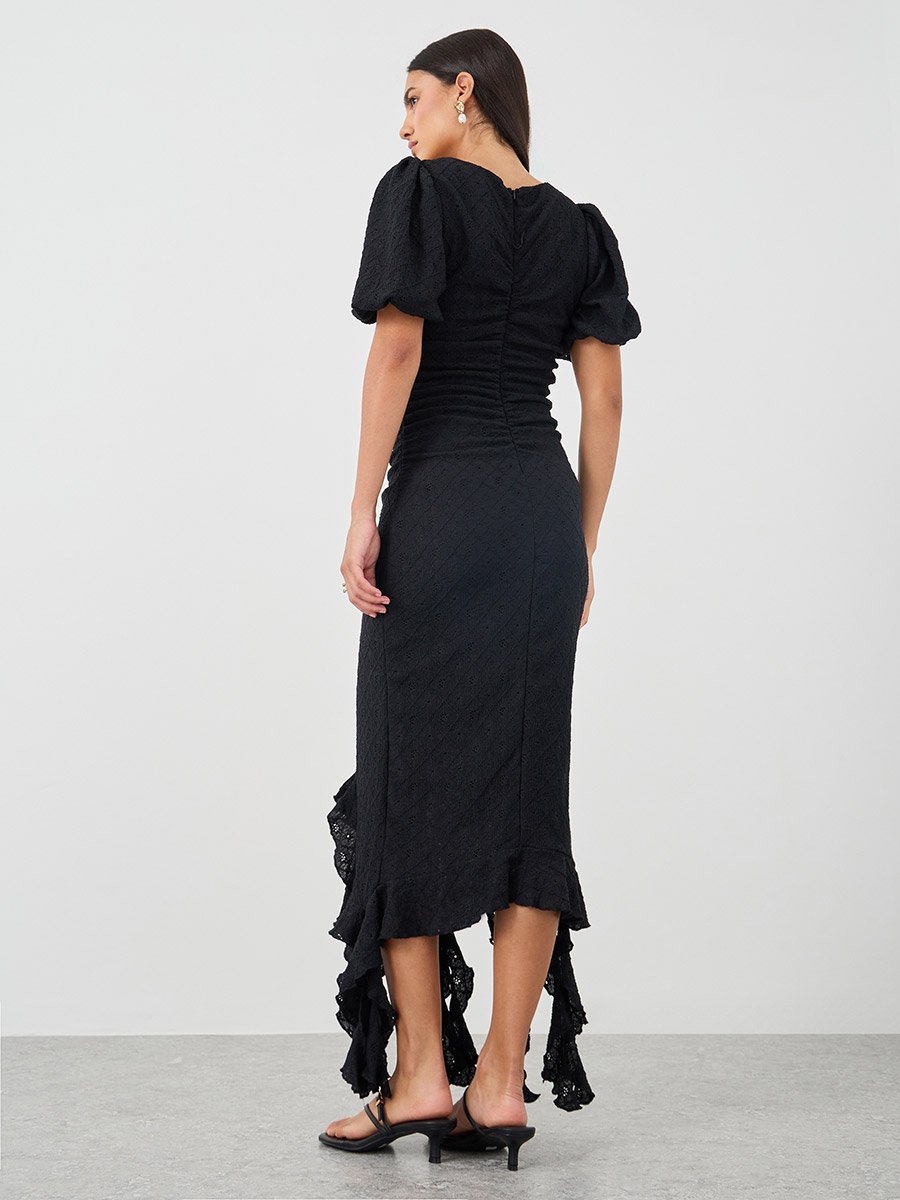Self Design Ruffled Asymmetric Hem Sheath Midi Dress