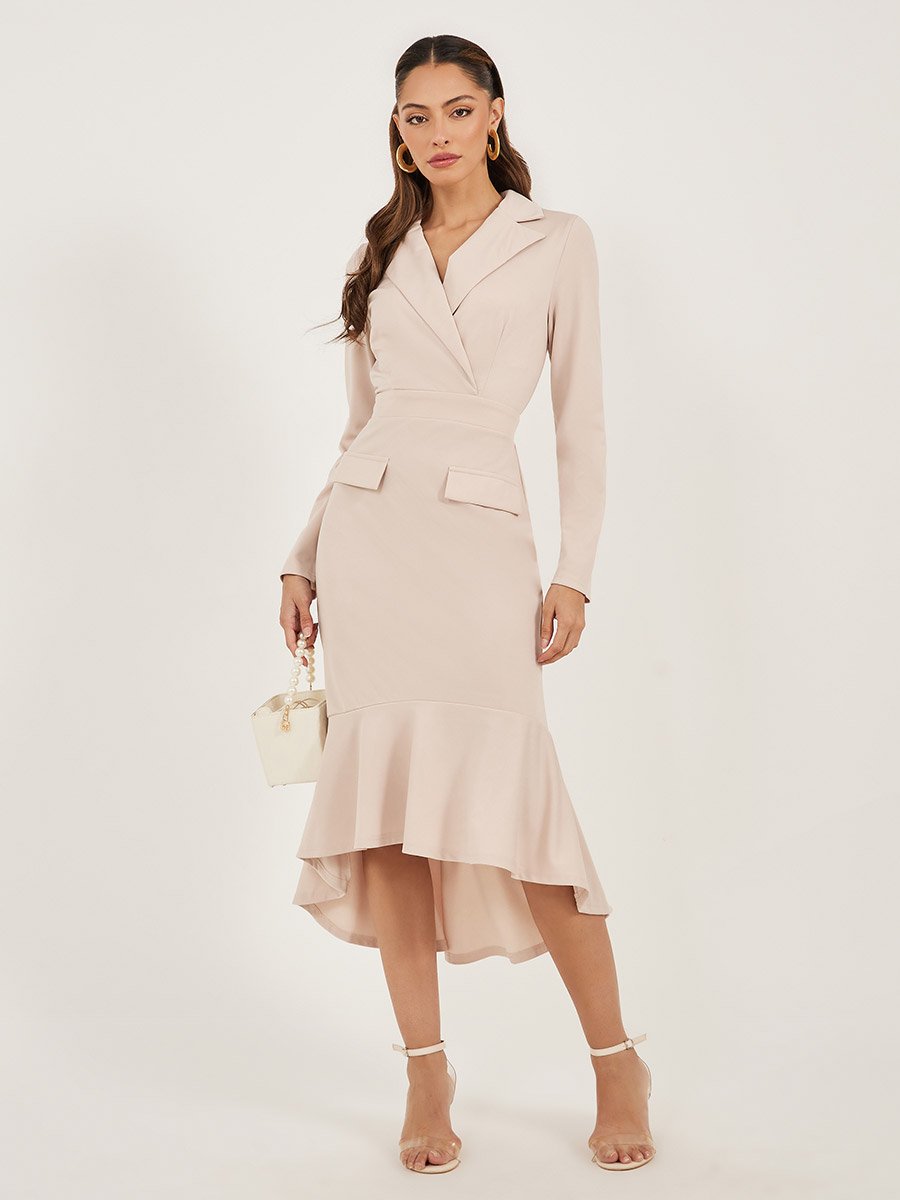 Plain Long Sleeves Blazer Midi Dress