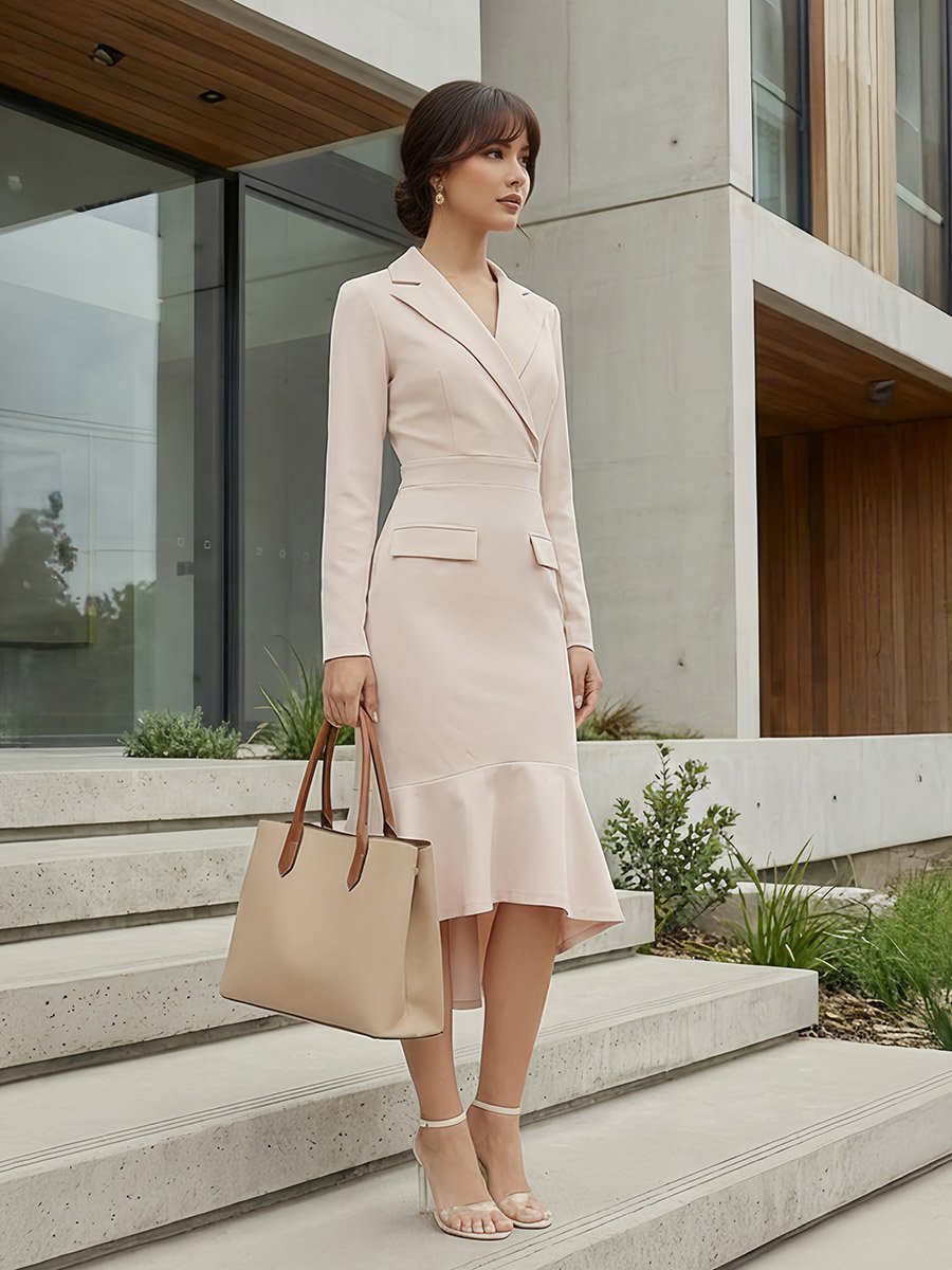 Plain Long Sleeves Blazer Midi Dress