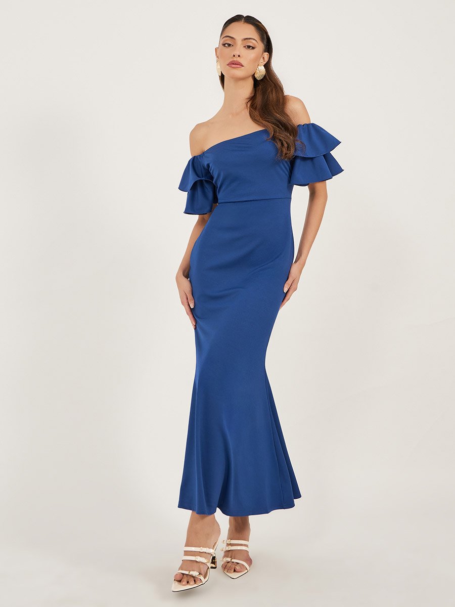 Plain Off Shoulder Neck Mermaid Maxi Dress