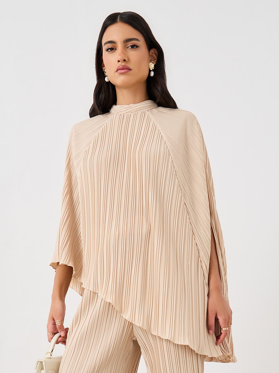 High Neck Plisse Asymmetric Hem Top