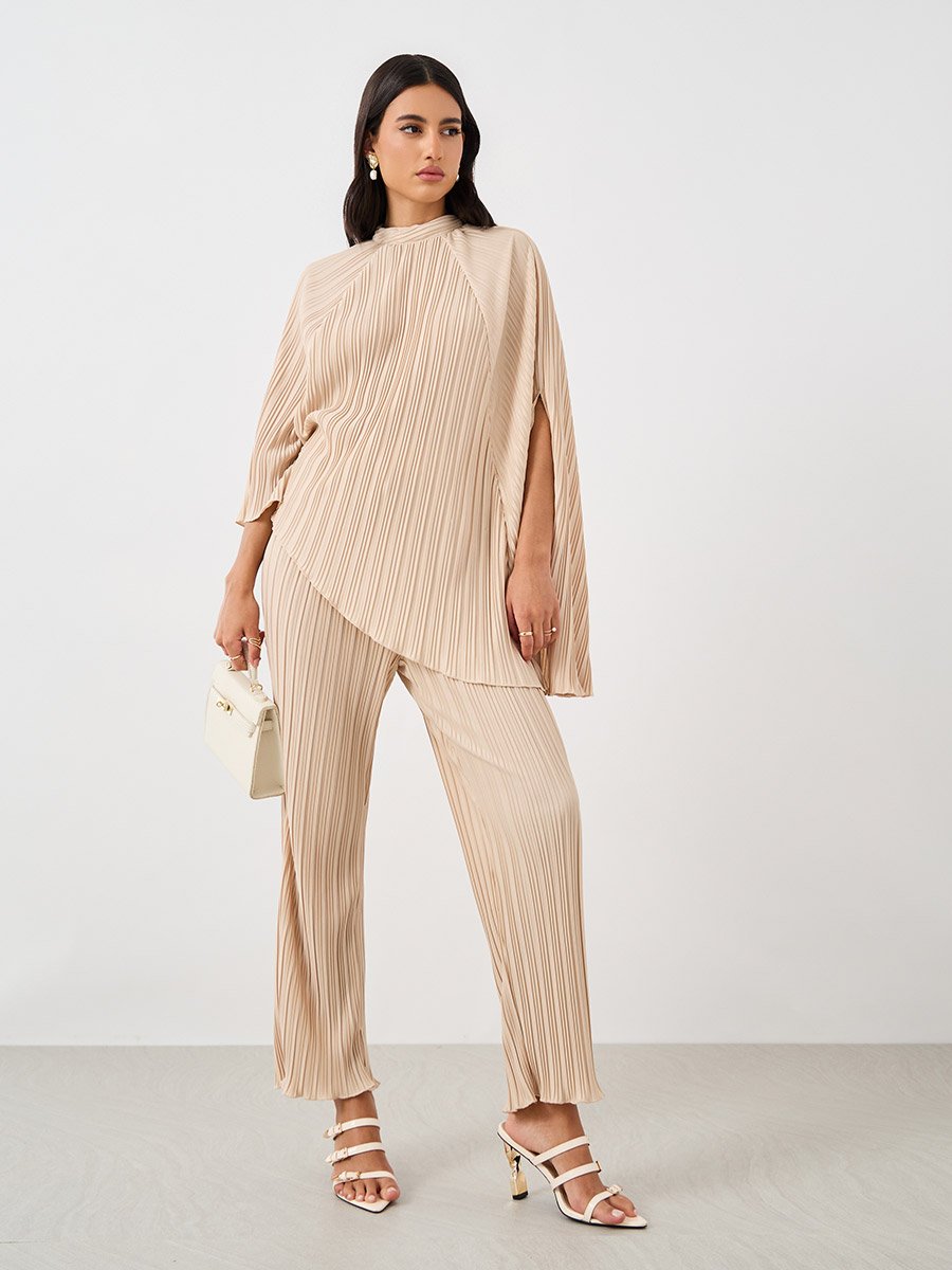 High Neck Plisse Asymmetric Hem Top