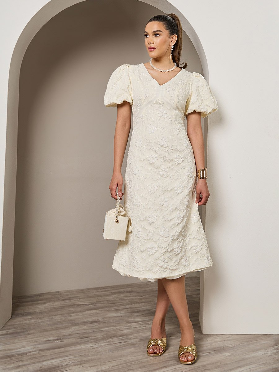 Floral Embossed Puff Sleeves A-Line Midi Dress