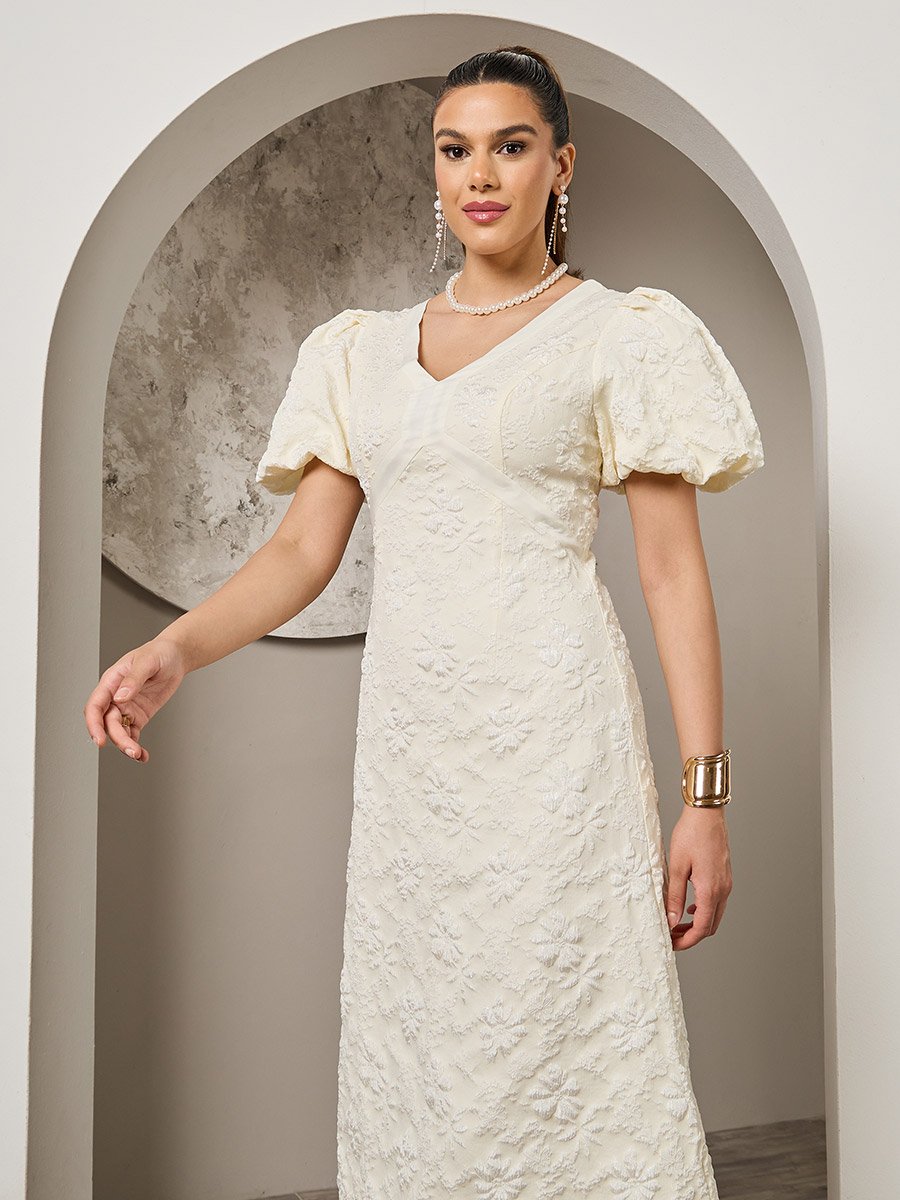 Floral Embossed Puff Sleeves A-Line Midi Dress