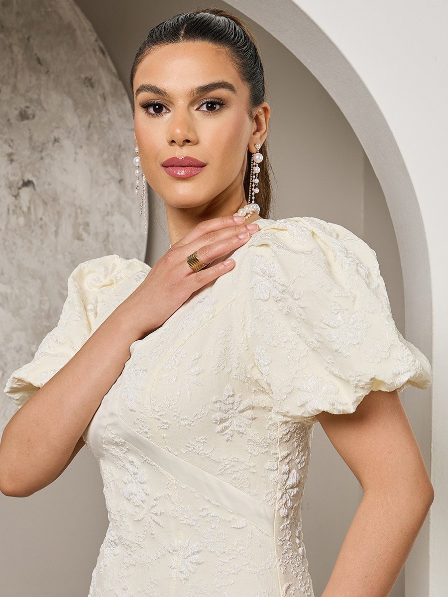 Floral Embossed Puff Sleeves A-Line Midi Dress