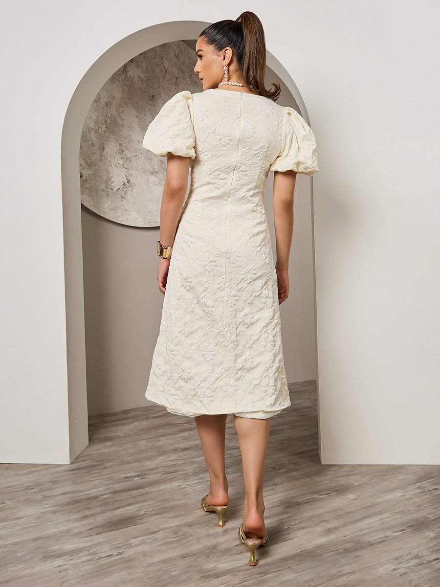Floral Embossed Puff Sleeves A-Line Midi Dress