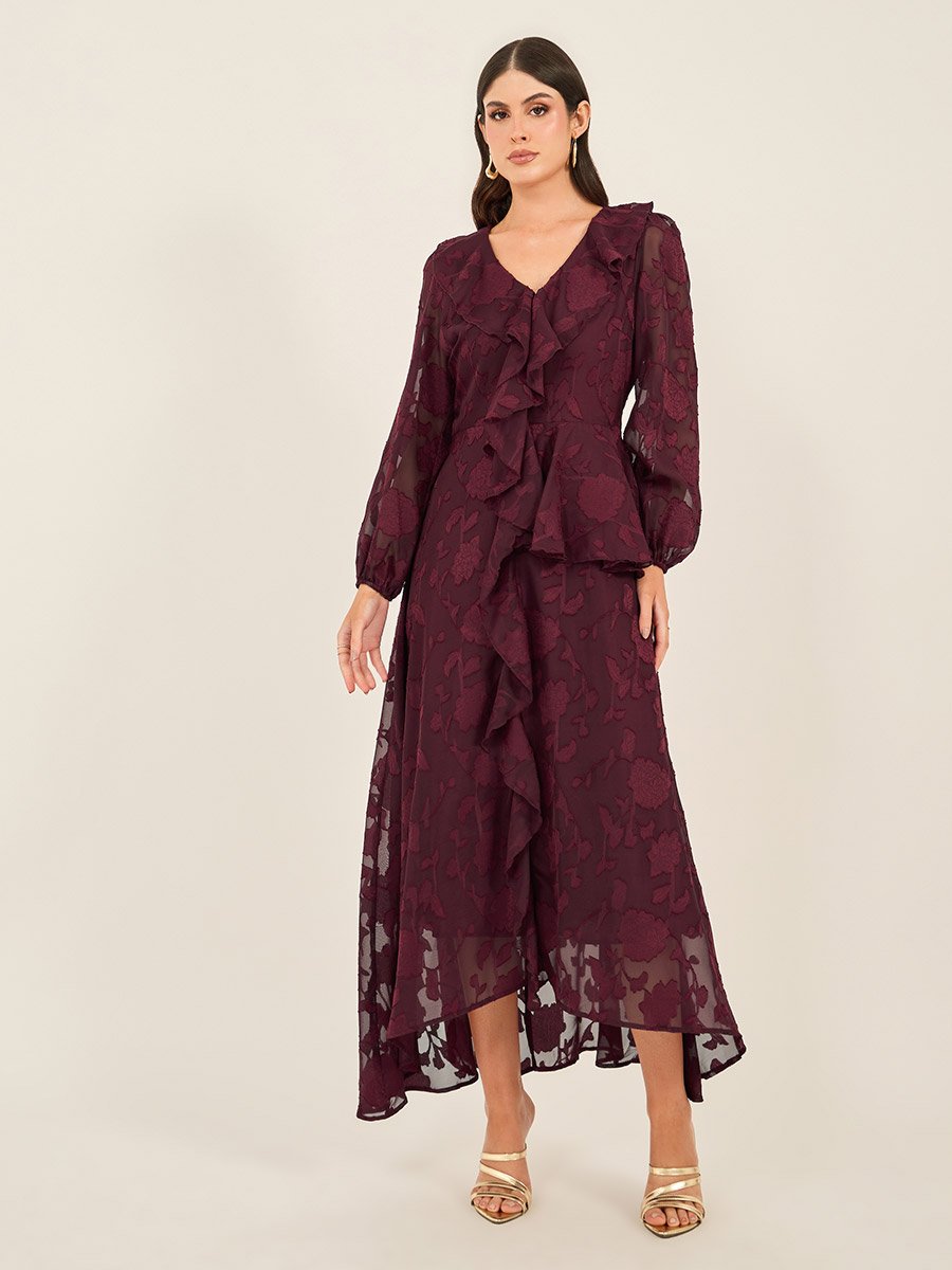 Textured Ruffled Lace Detail A-Line Maxi Dress