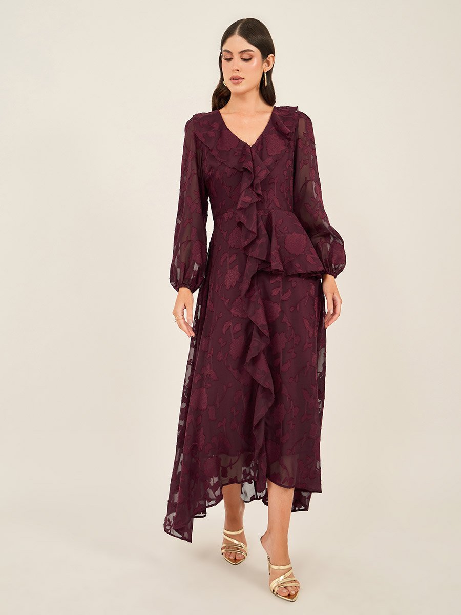 Textured Ruffled Lace Detail A-Line Maxi Dress