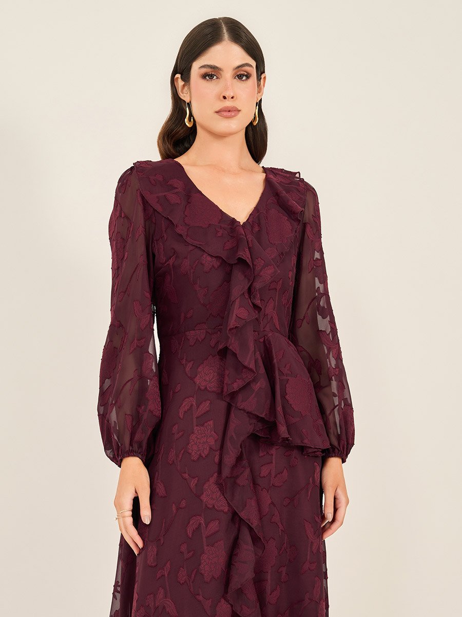 Textured Ruffled Lace Detail A-Line Maxi Dress