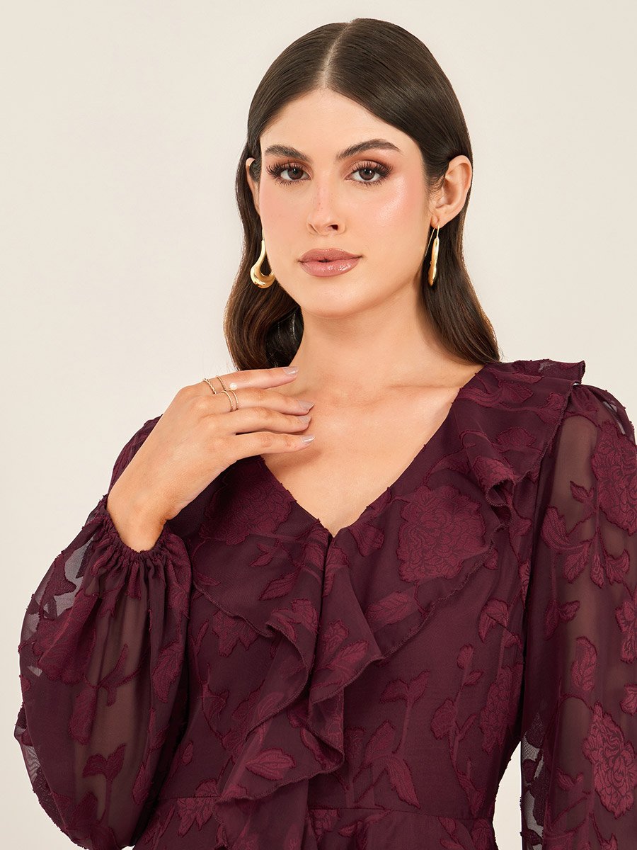 Textured Ruffled Lace Detail A-Line Maxi Dress