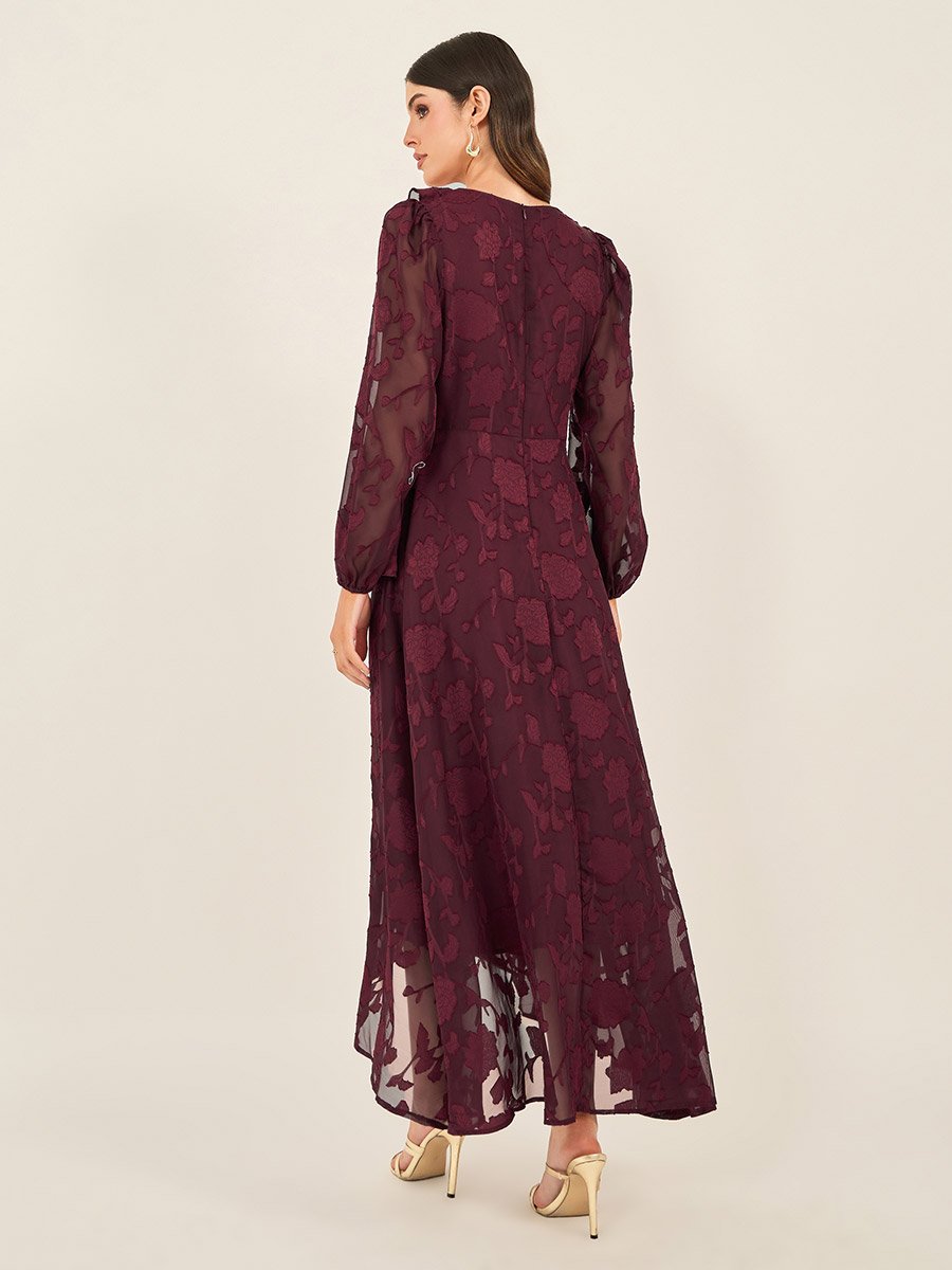 Textured Ruffled Lace Detail A-Line Maxi Dress