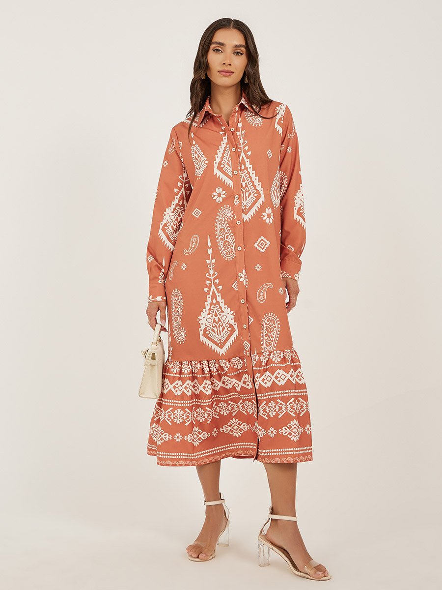Printed Long Sleeves Shirt Midi Dress