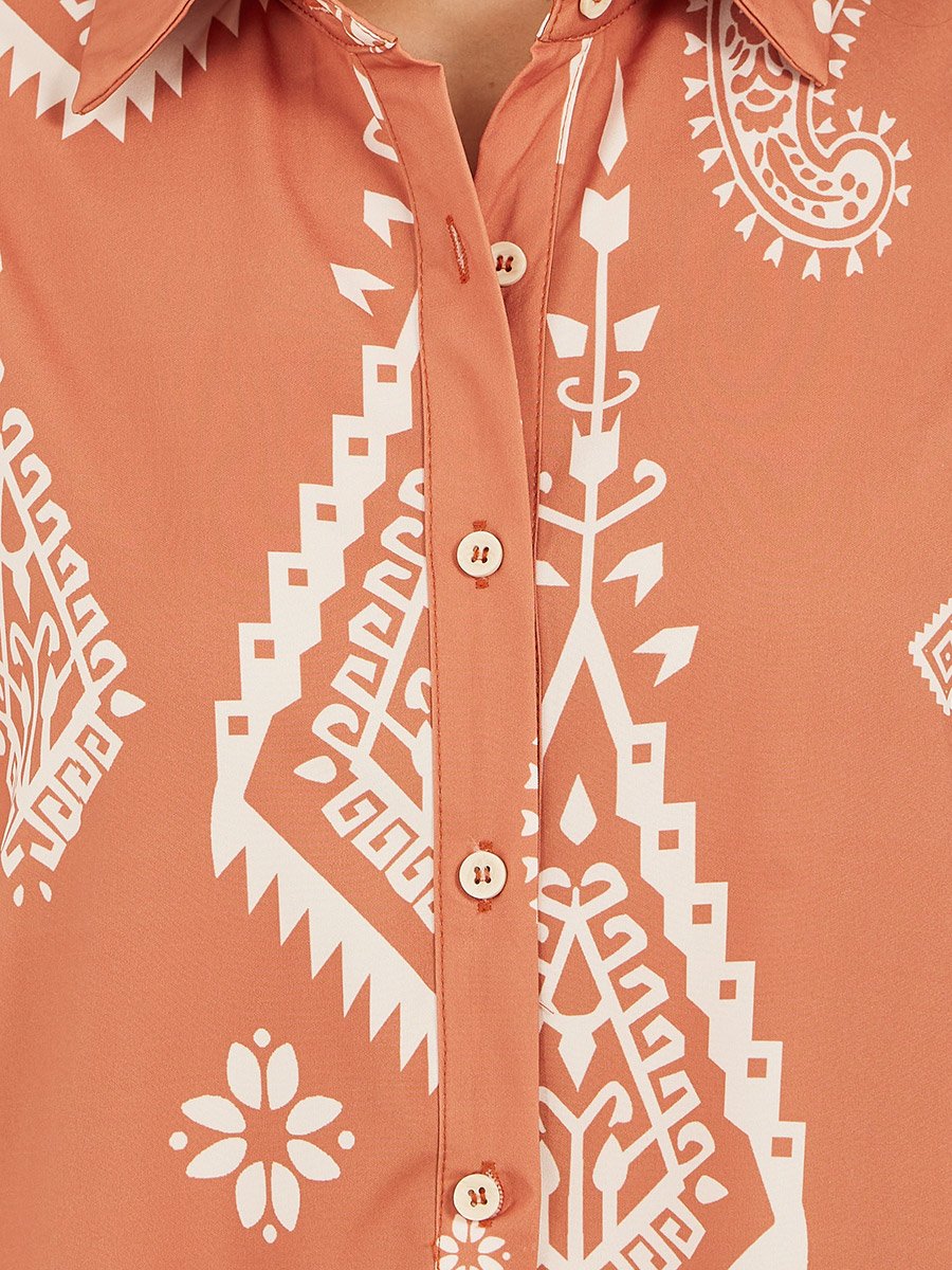 Printed Long Sleeves Shirt Midi Dress