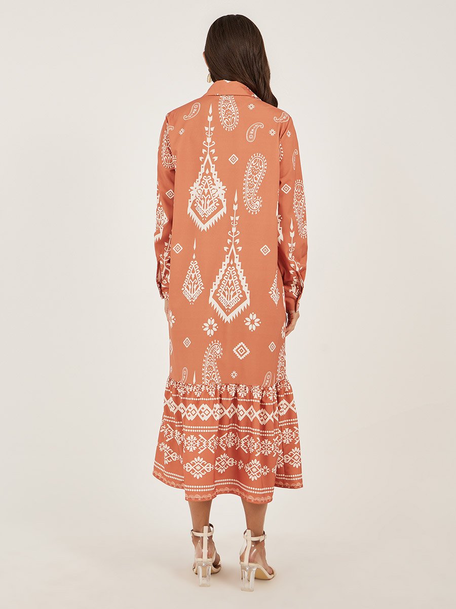 Printed Long Sleeves Shirt Midi Dress