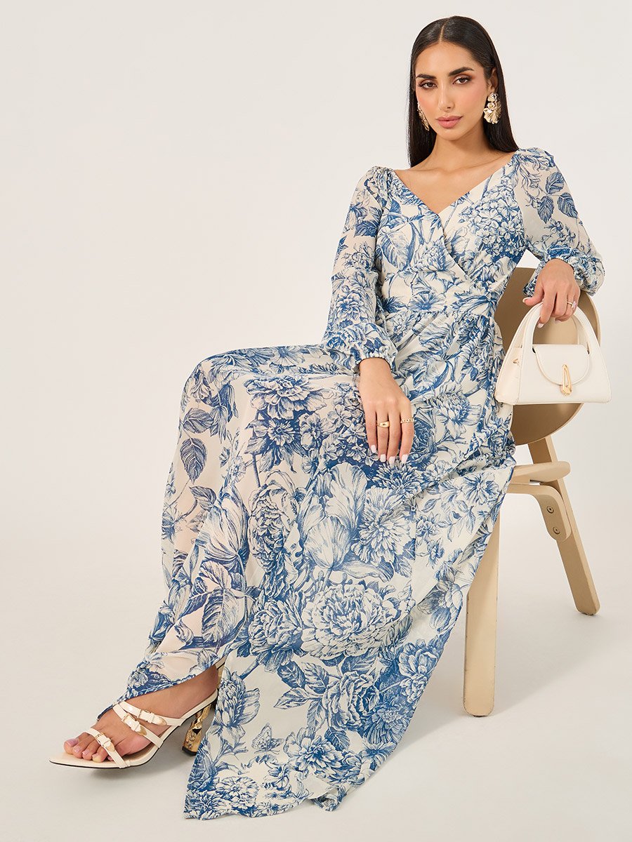 Floral Print Long Sleeves A-Line Maxi Dress
