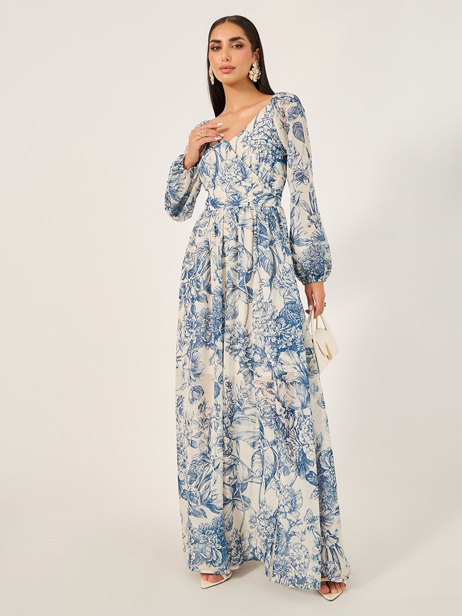 Floral Print Long Sleeves A-Line Maxi Dress