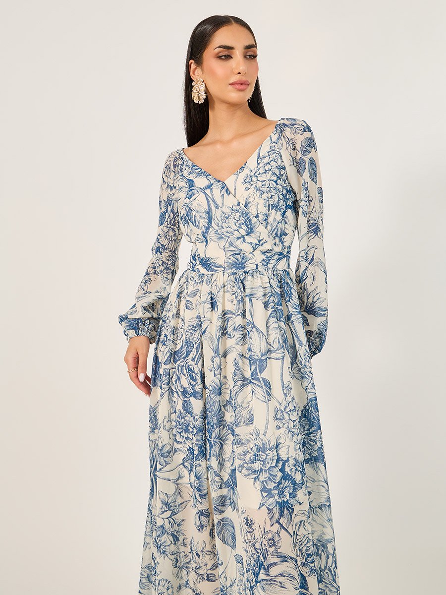 Floral Print Long Sleeves A-Line Maxi Dress