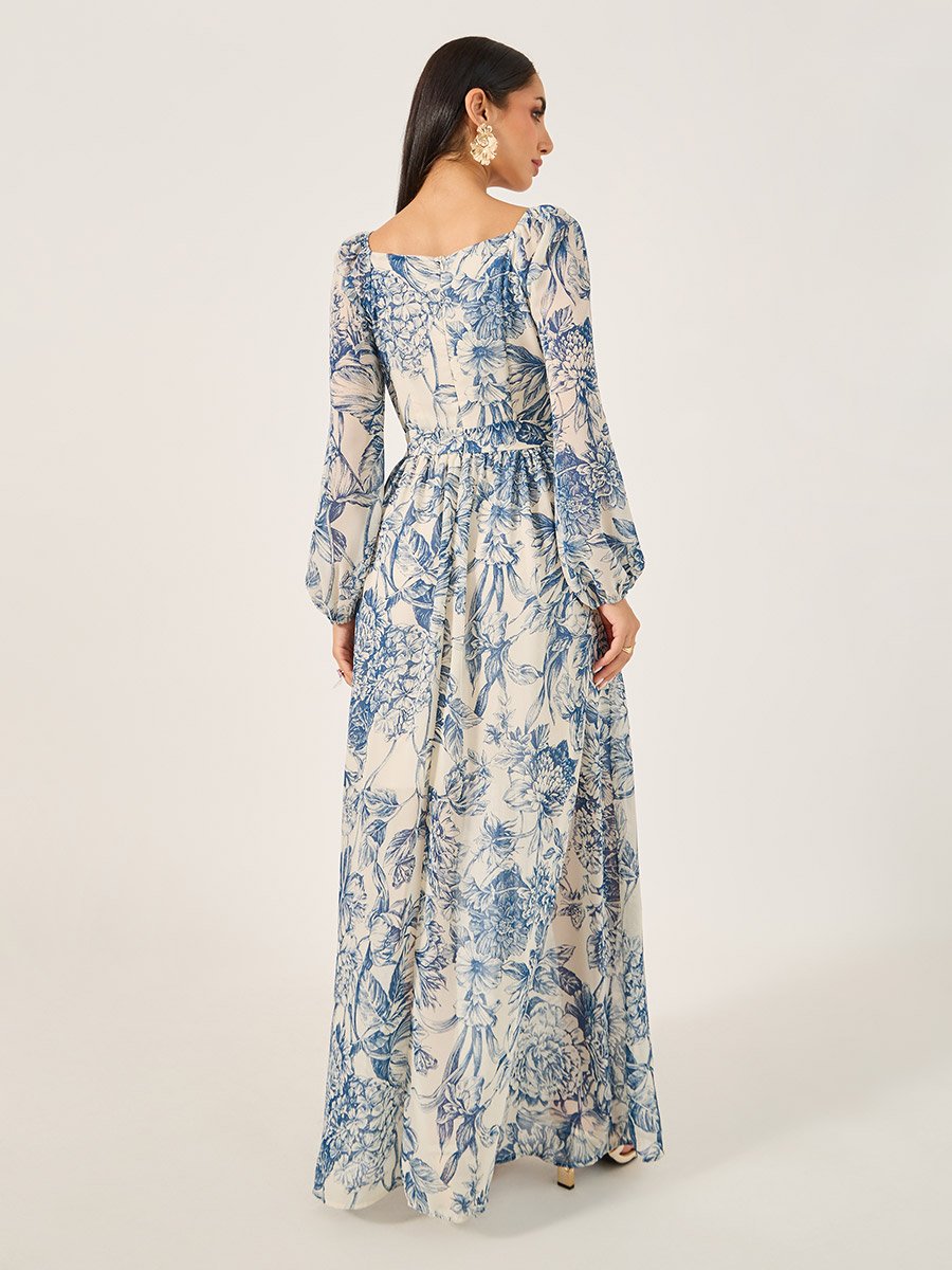 Floral Print Long Sleeves A-Line Maxi Dress