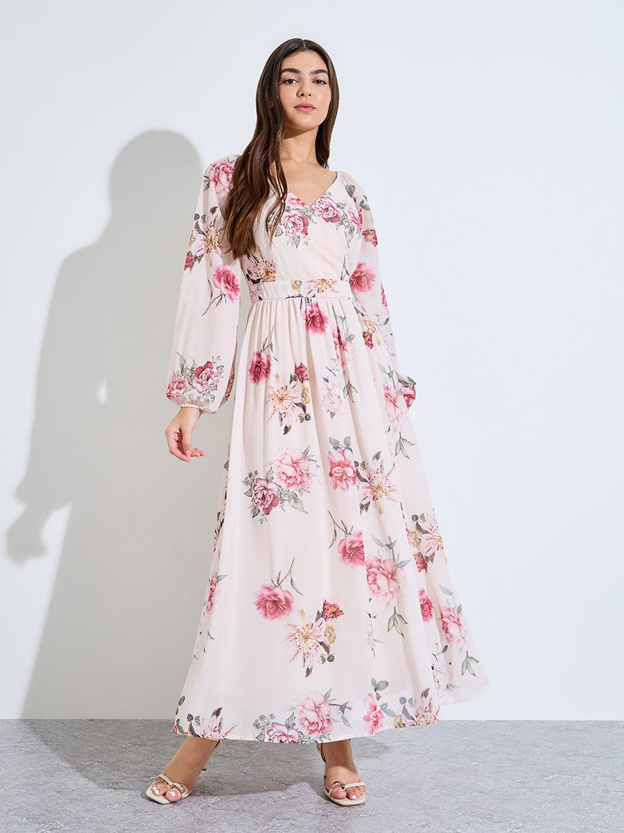 Floral Print Long Sleeves A-Line Maxi Dress