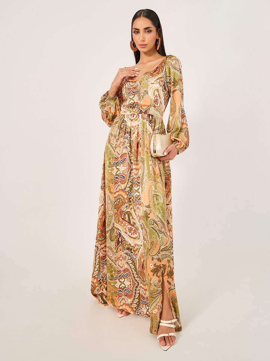 All-Over Print Cuffed Sleeves A-Line Maxi Dress