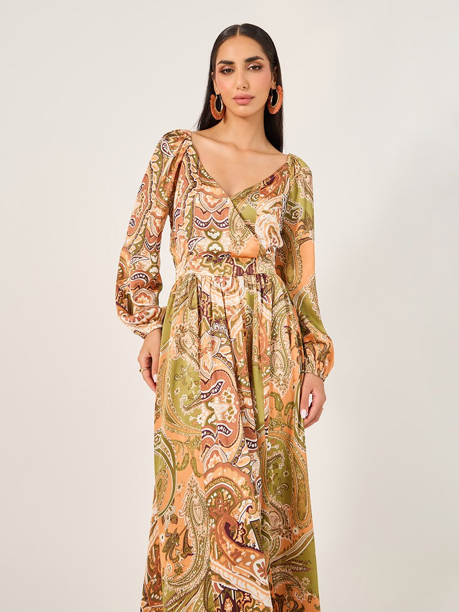 All-Over Print Cuffed Sleeves A-Line Maxi Dress