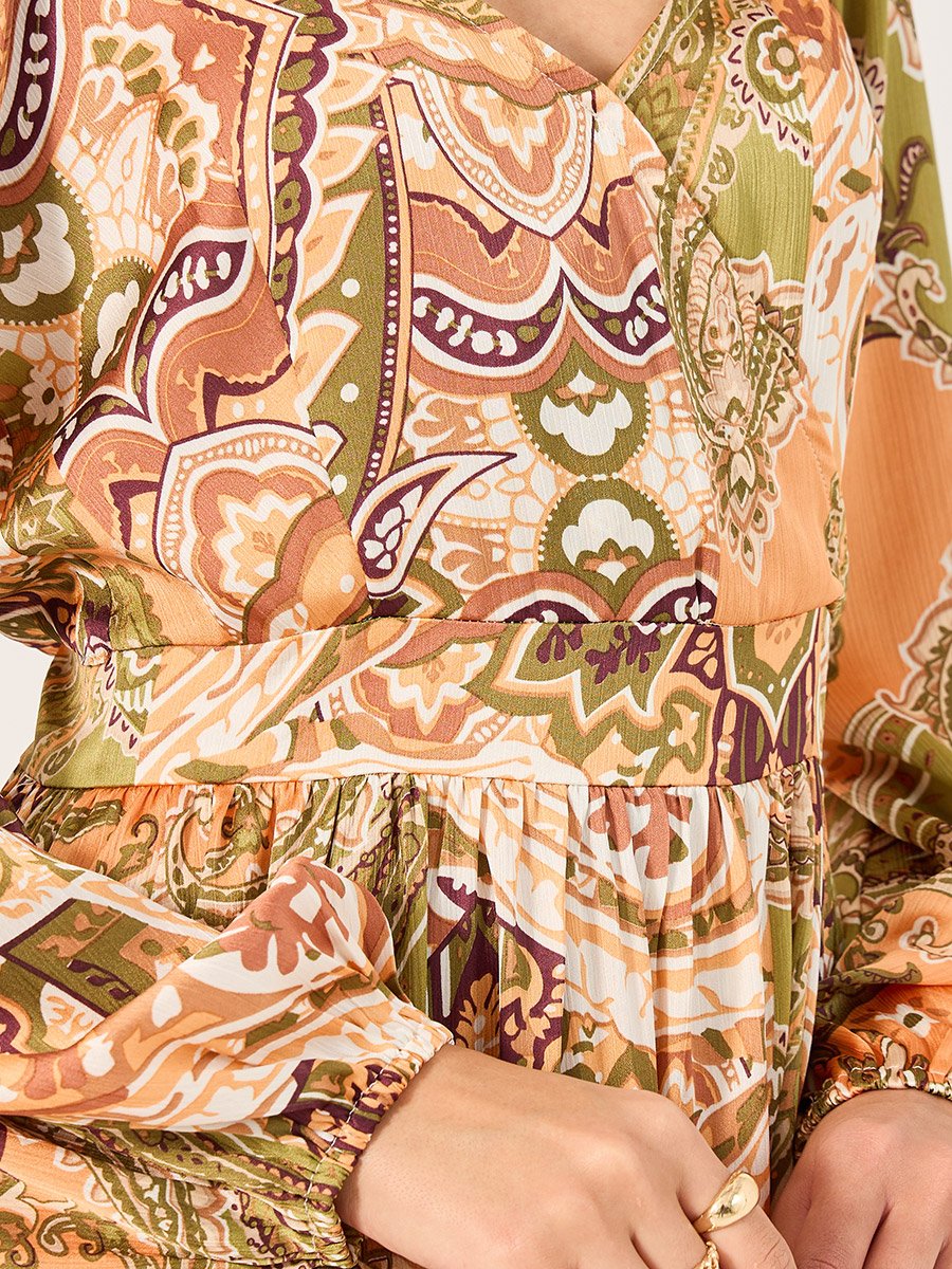 All-Over Print Cuffed Sleeves A-Line Maxi Dress