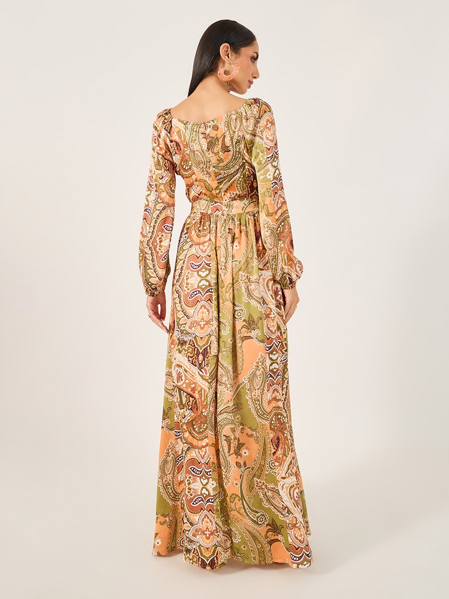 All-Over Print Cuffed Sleeves A-Line Maxi Dress