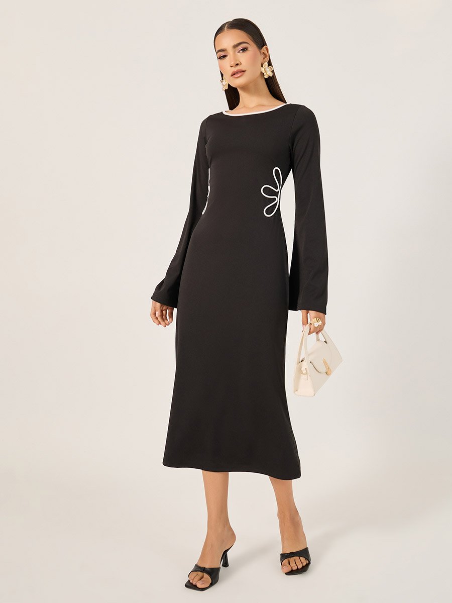 Contrast Trim Bell Sleeves Sheath Midi Dress