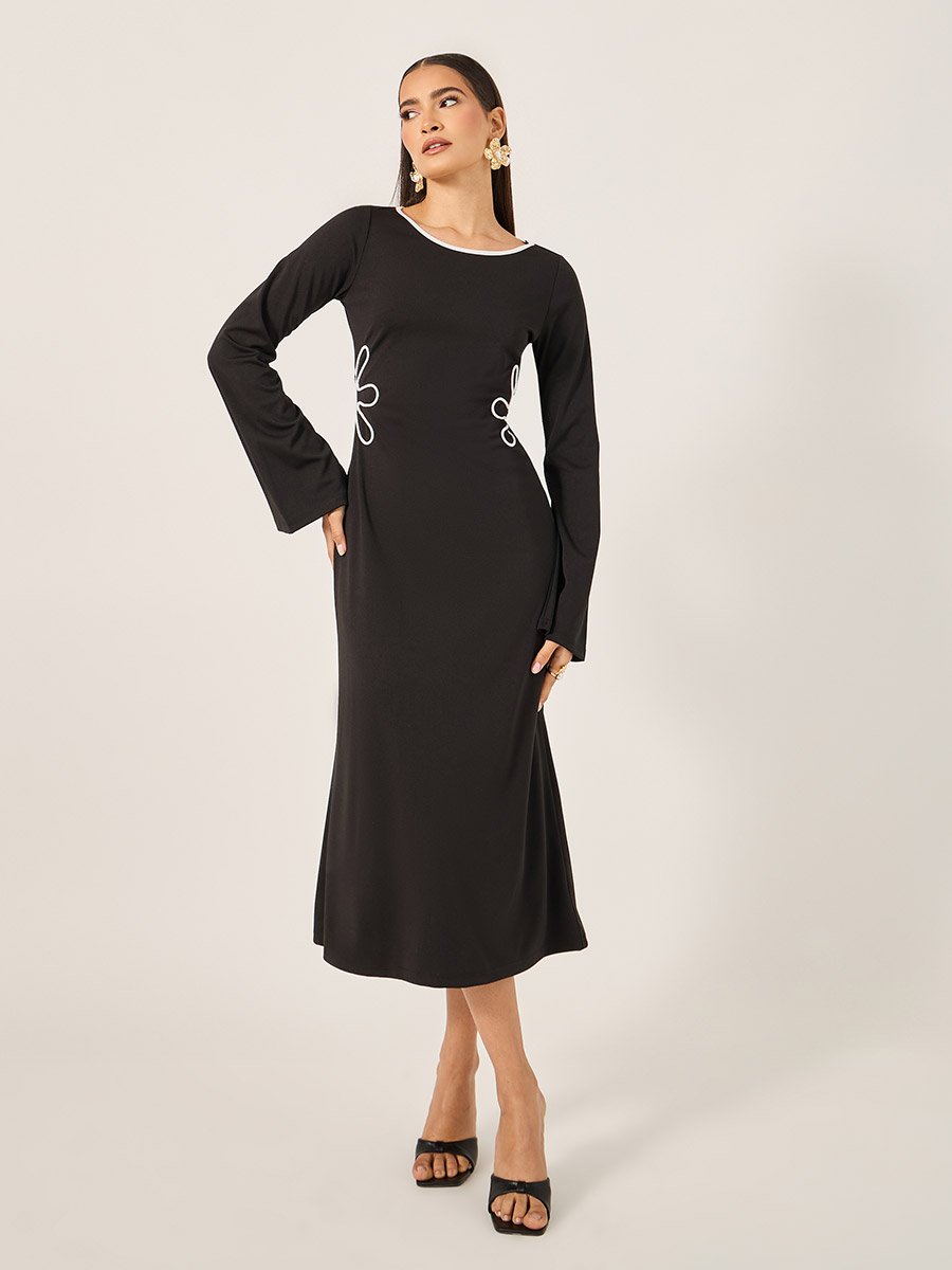 Contrast Trim Bell Sleeves Sheath Midi Dress