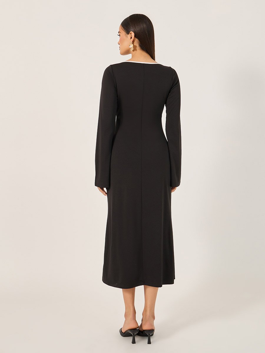 Contrast Trim Bell Sleeves Sheath Midi Dress