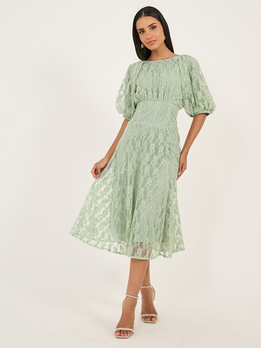 Lace Balloon Sleeves A-Line Midi Dress