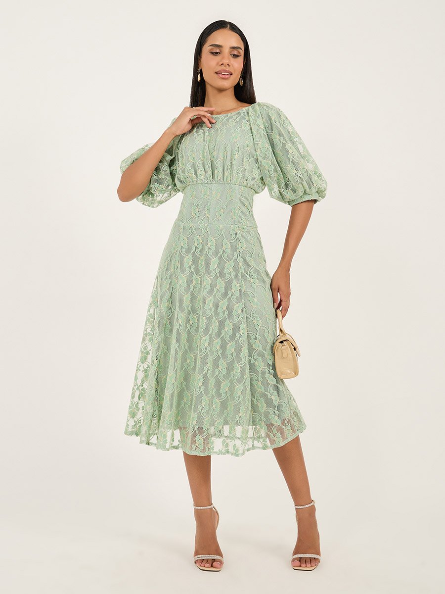 Lace Balloon Sleeves A-Line Midi Dress