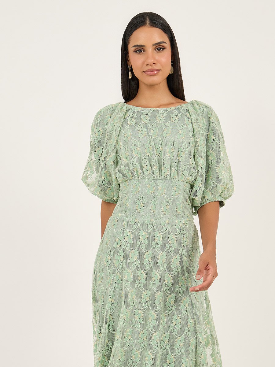 Lace Balloon Sleeves A-Line Midi Dress