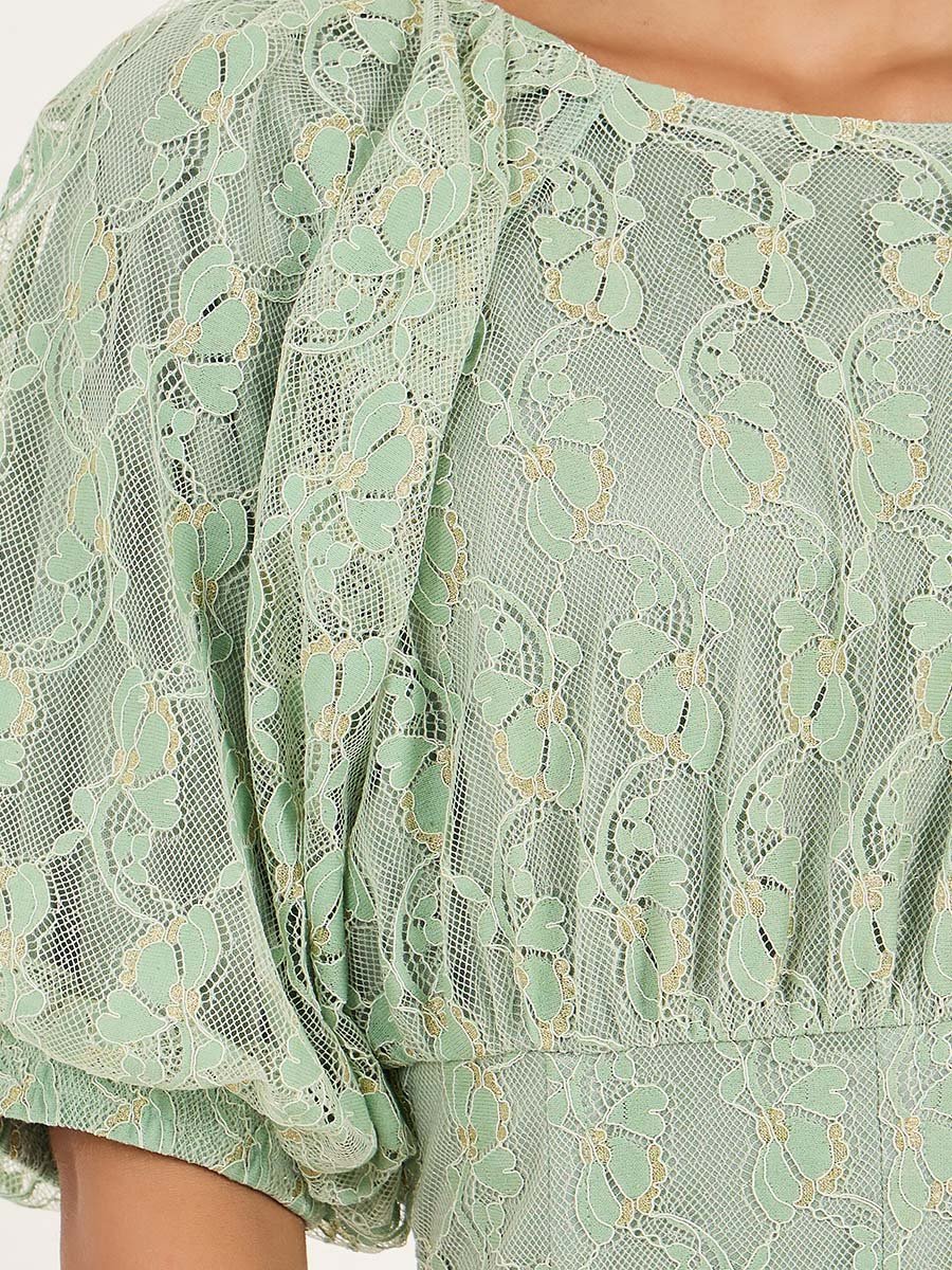 Lace Balloon Sleeves A-Line Midi Dress