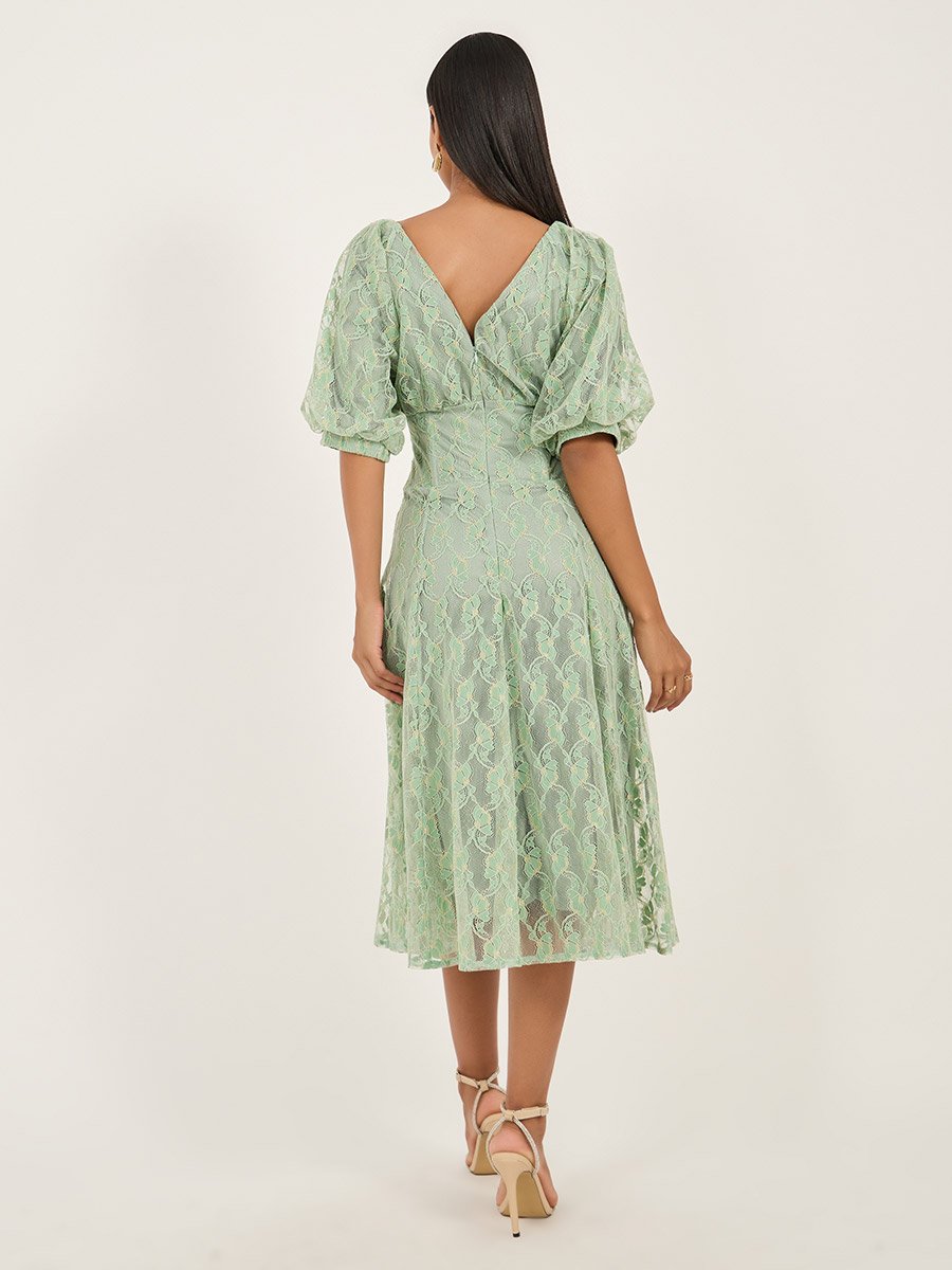 Lace Balloon Sleeves A-Line Midi Dress